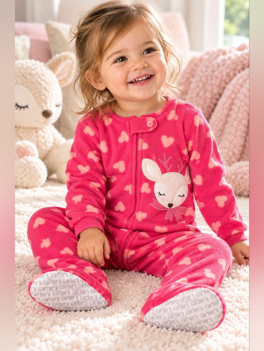 Carterβs 18M Pink Heart Deer Fleece Footed Pajama Sleeper